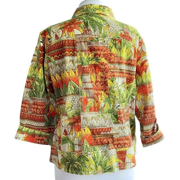 Chico's Monkey Jungle Tropical Print Jean Jacket Cotton Stretch Front Pockets - Picture 4 of 6